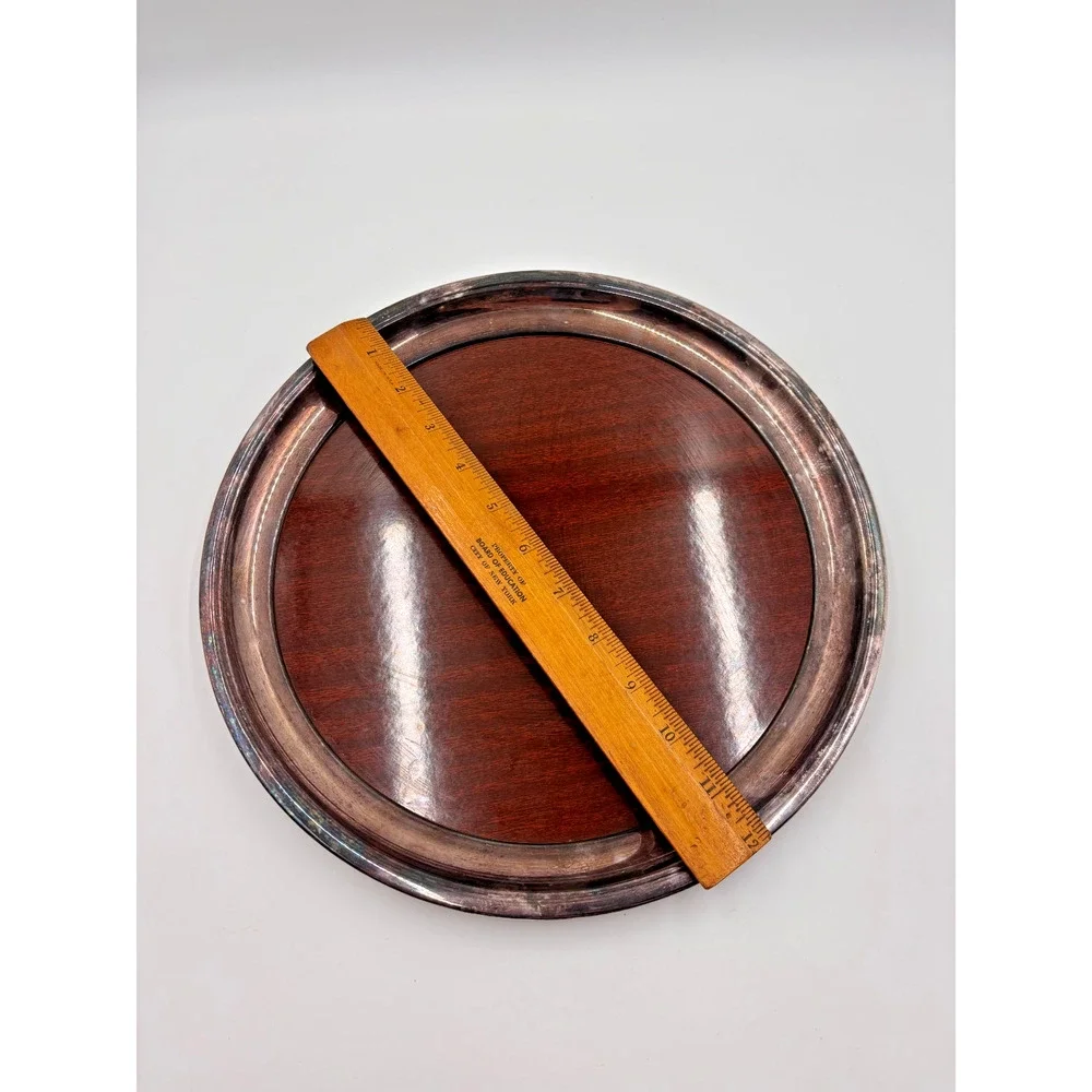 Vintage Crescent Silverplate Formica Coaster Set Wood Grain Bar Trays MCM